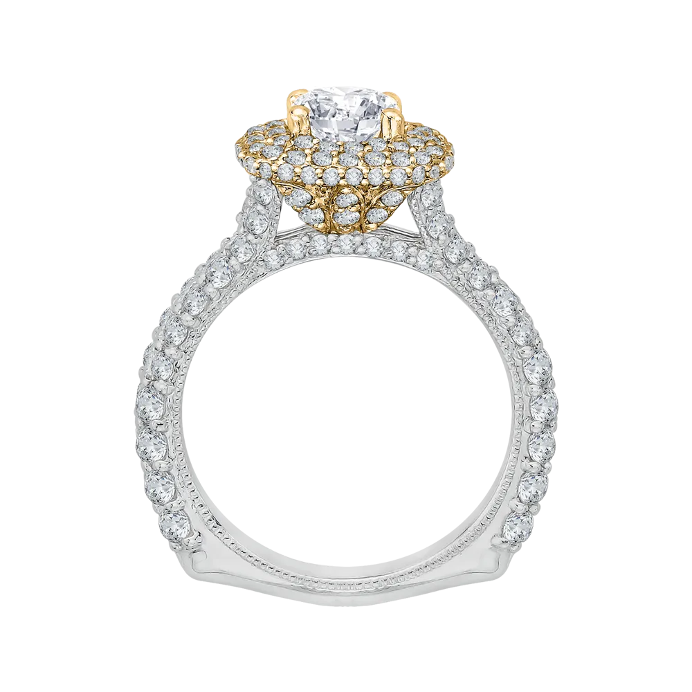 14K Two Tone Gold Round Diamond Double Halo Engagement Ring (Semi Mount)
