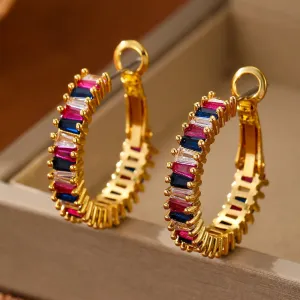 18K Gold O-shaped Gemstone-inlaid Earrings With a Light Luxury Style