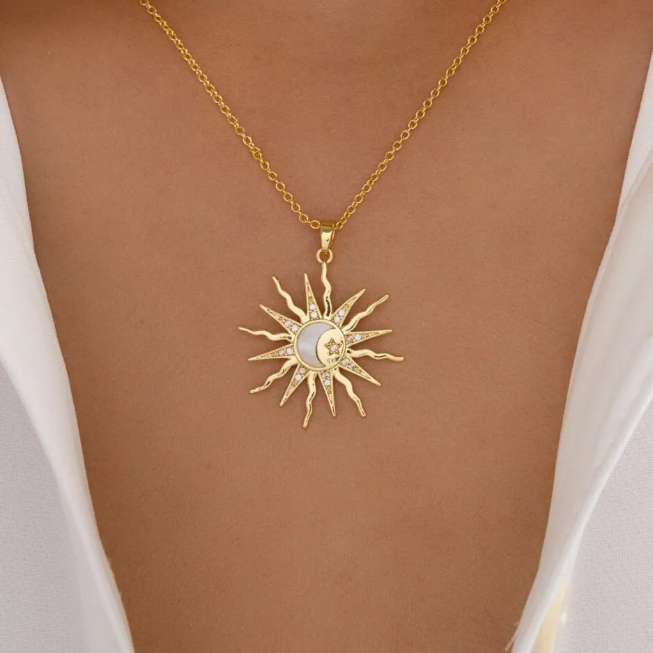 18K Gold Sun, Moon, Star and Diamond Design Luxury Necklace