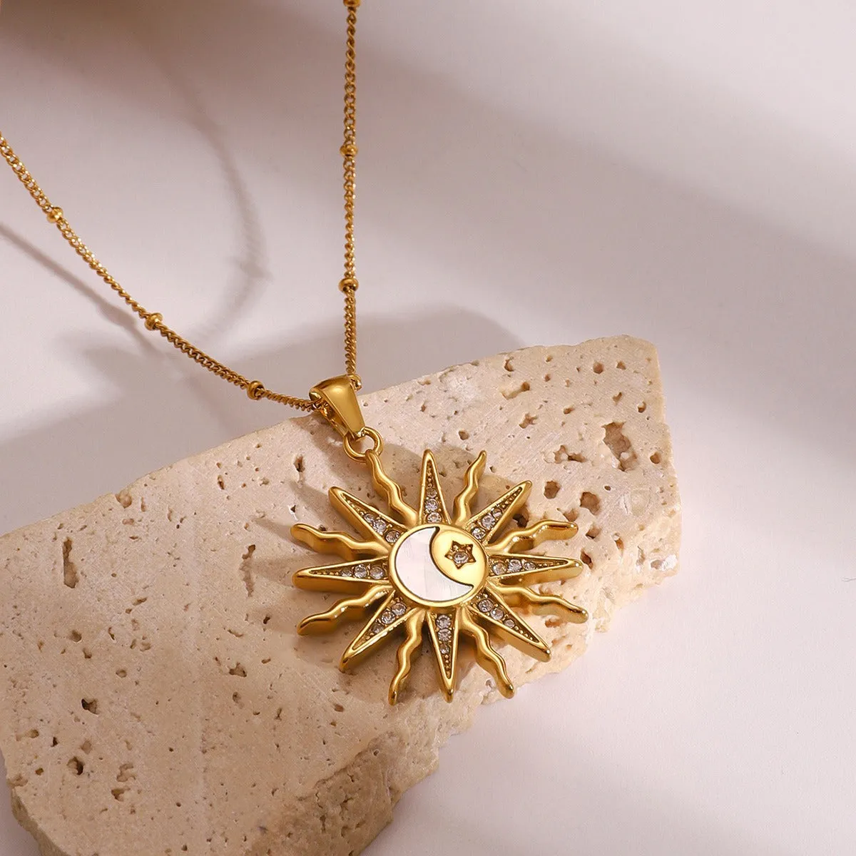 18K Gold Sun, Moon, Star and Diamond Design Luxury Necklace