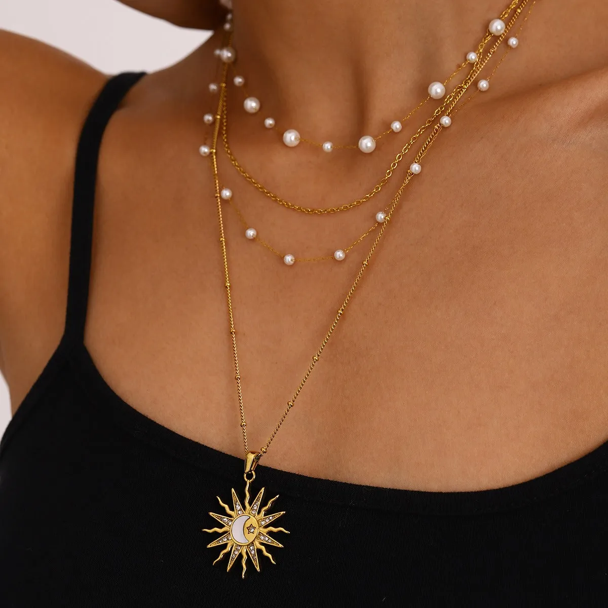 18K Gold Sun, Moon, Star and Diamond Design Luxury Necklace