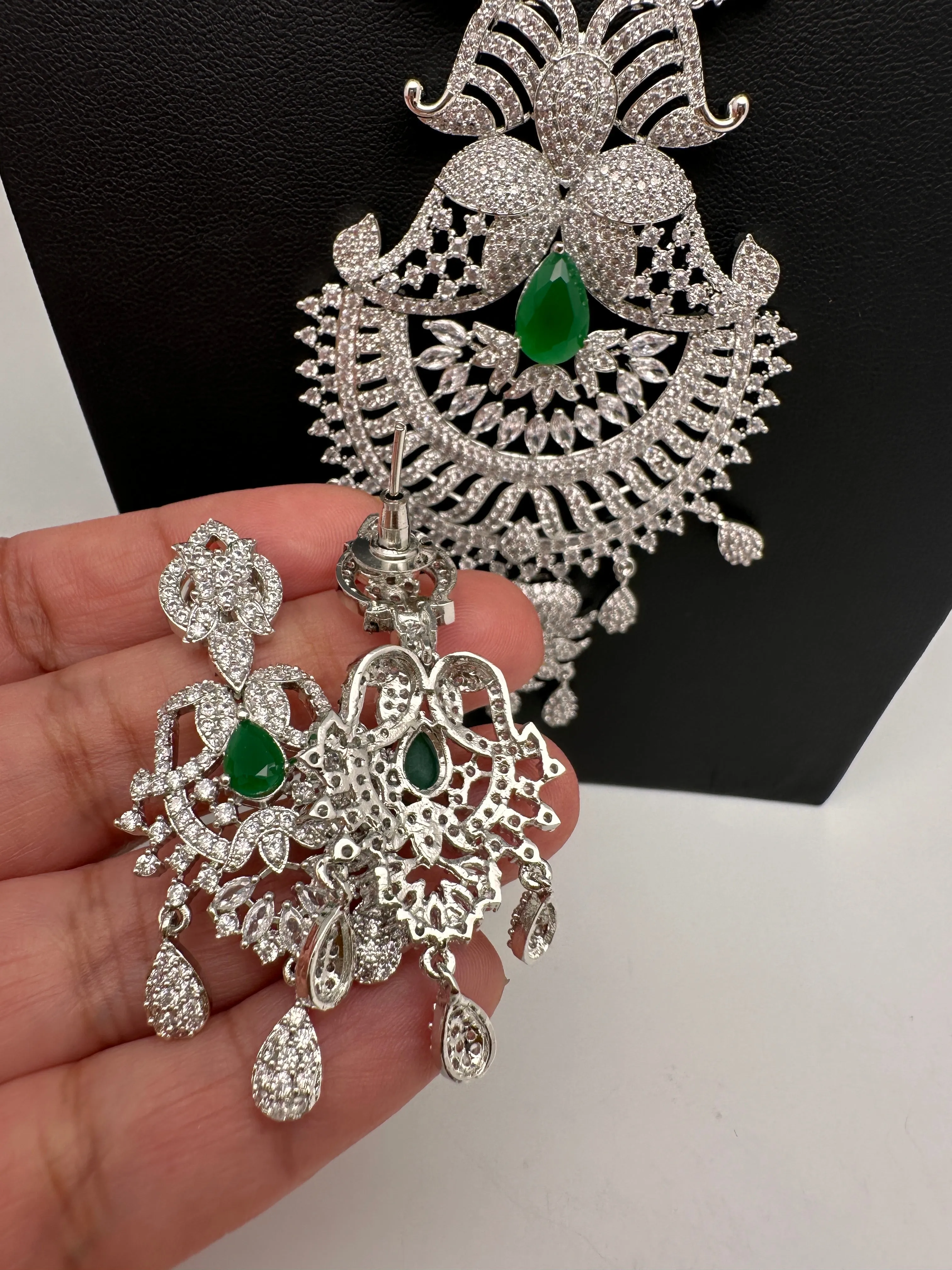 AD Green Stone Long Necklace in Silver Finish