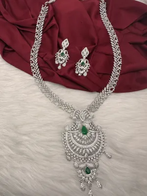 AD Green Stone Long Necklace in Silver Finish