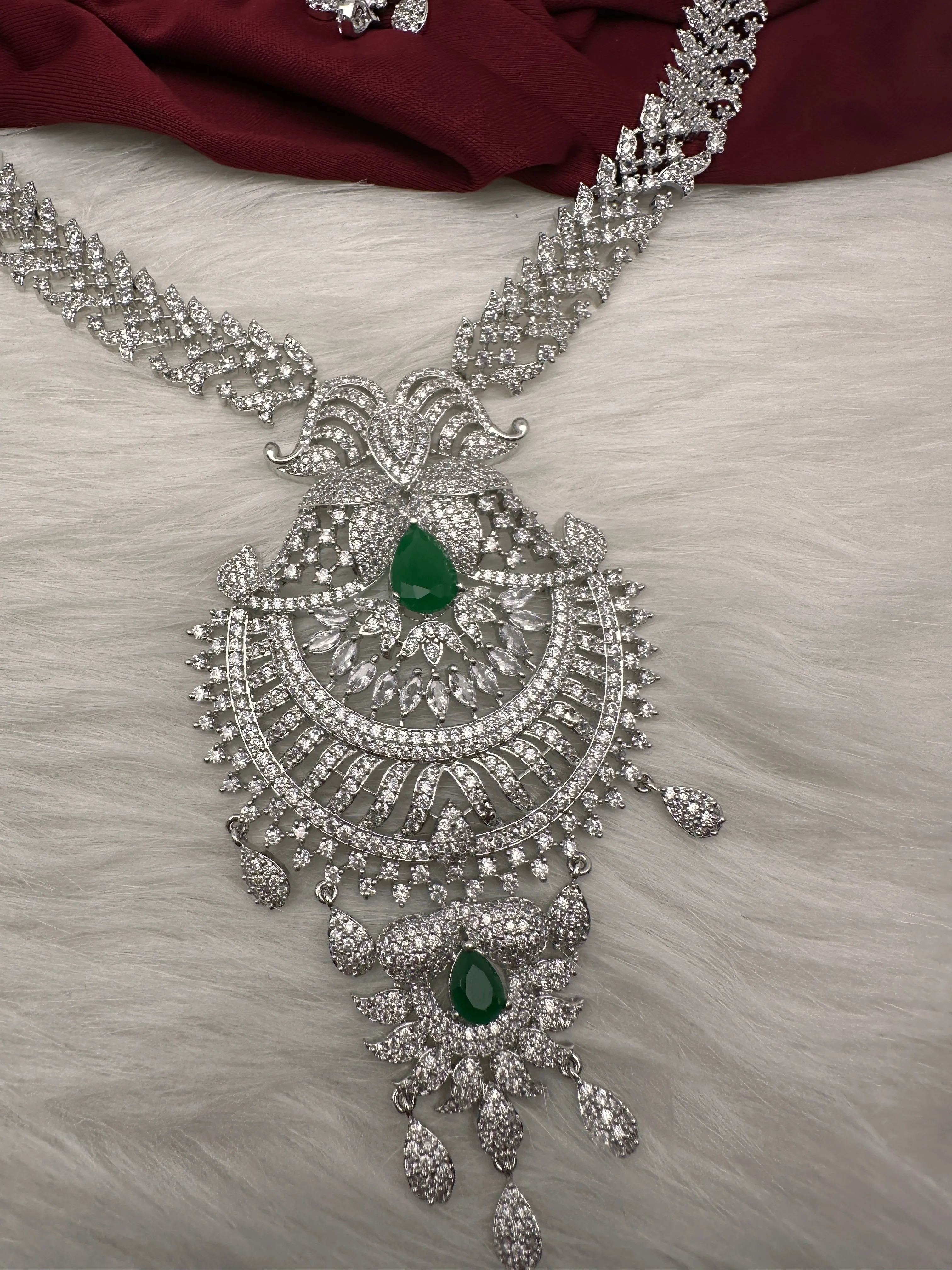 AD Green Stone Long Necklace in Silver Finish
