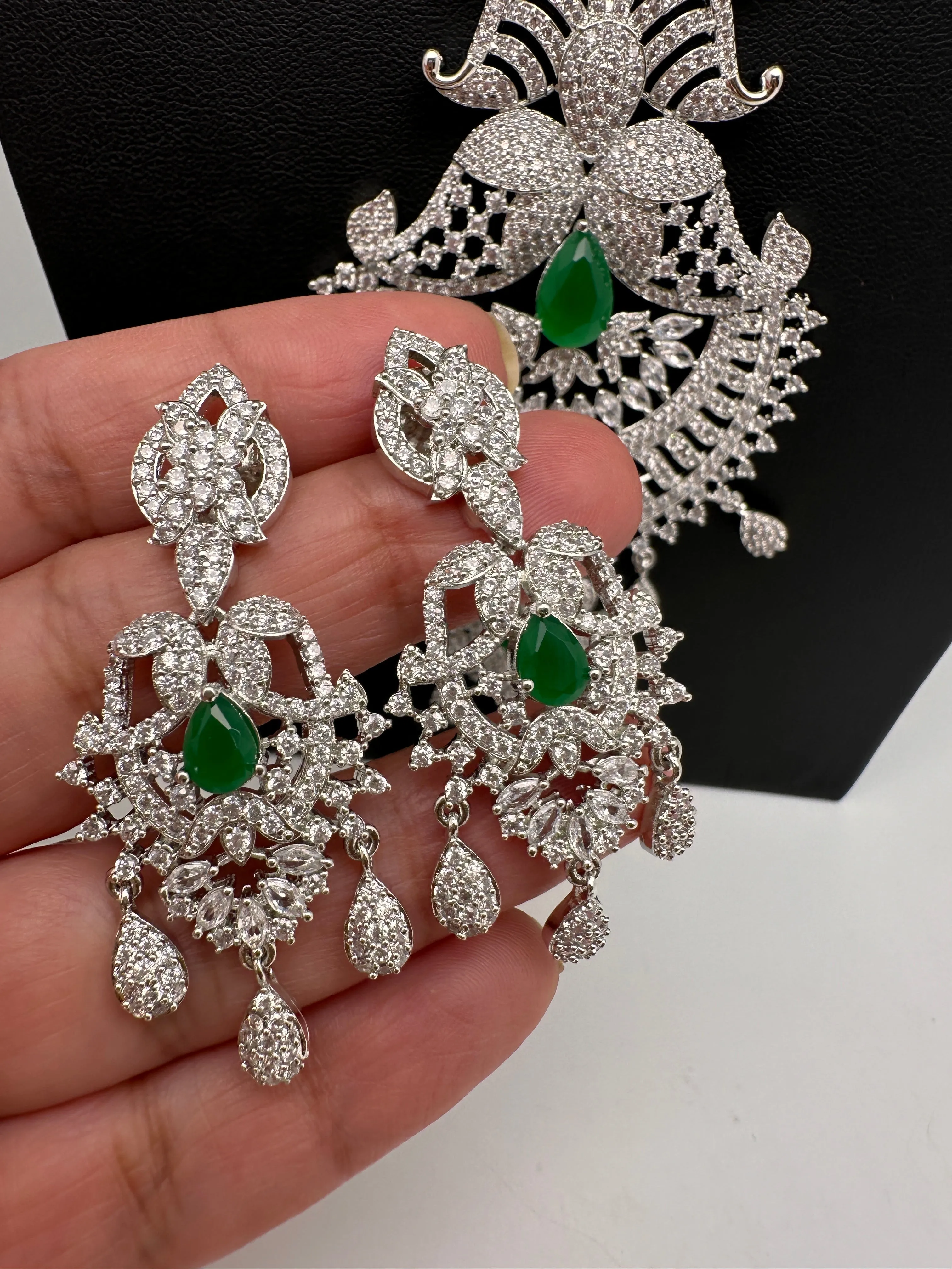 AD Green Stone Long Necklace in Silver Finish