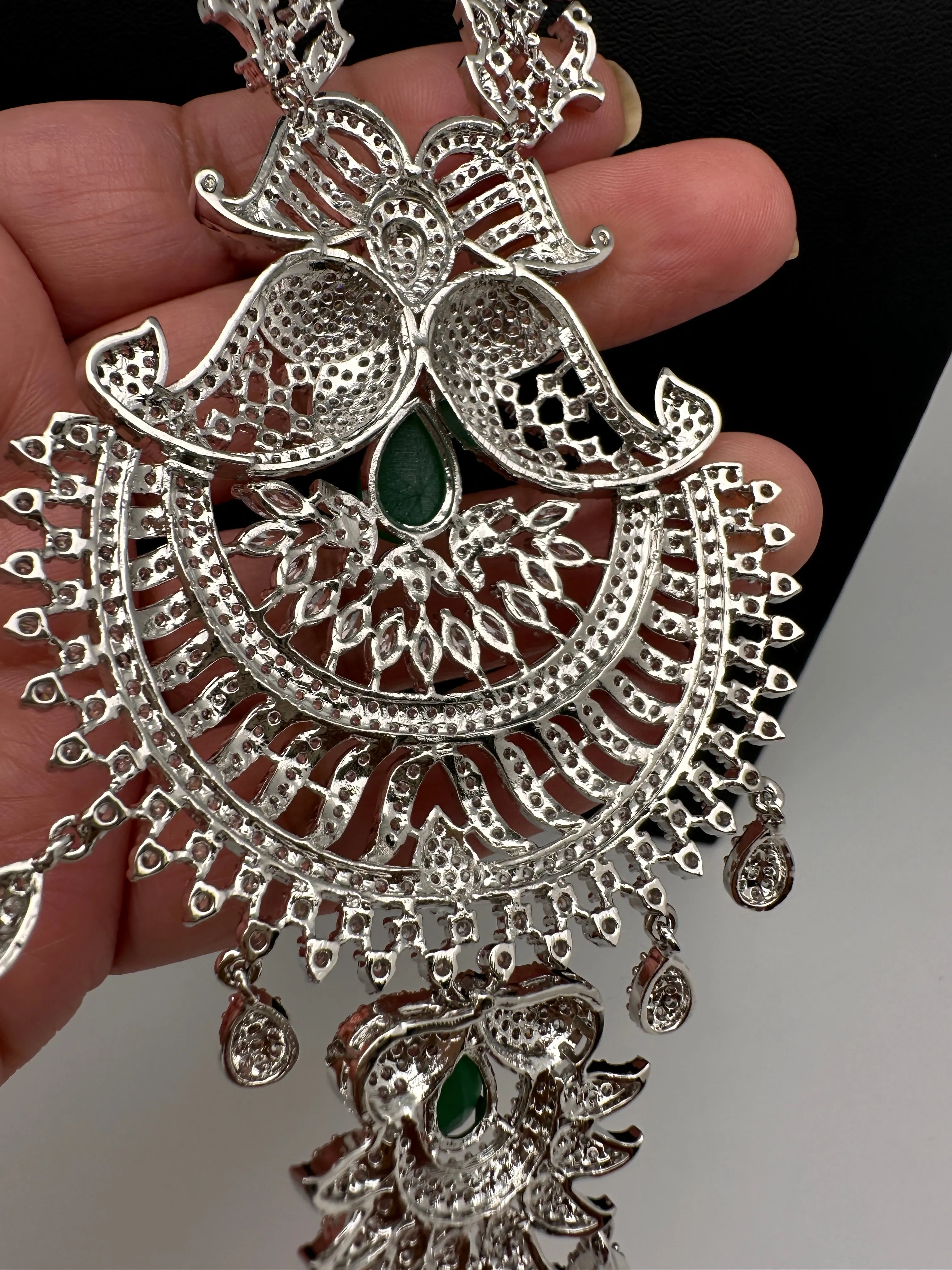 AD Green Stone Long Necklace in Silver Finish