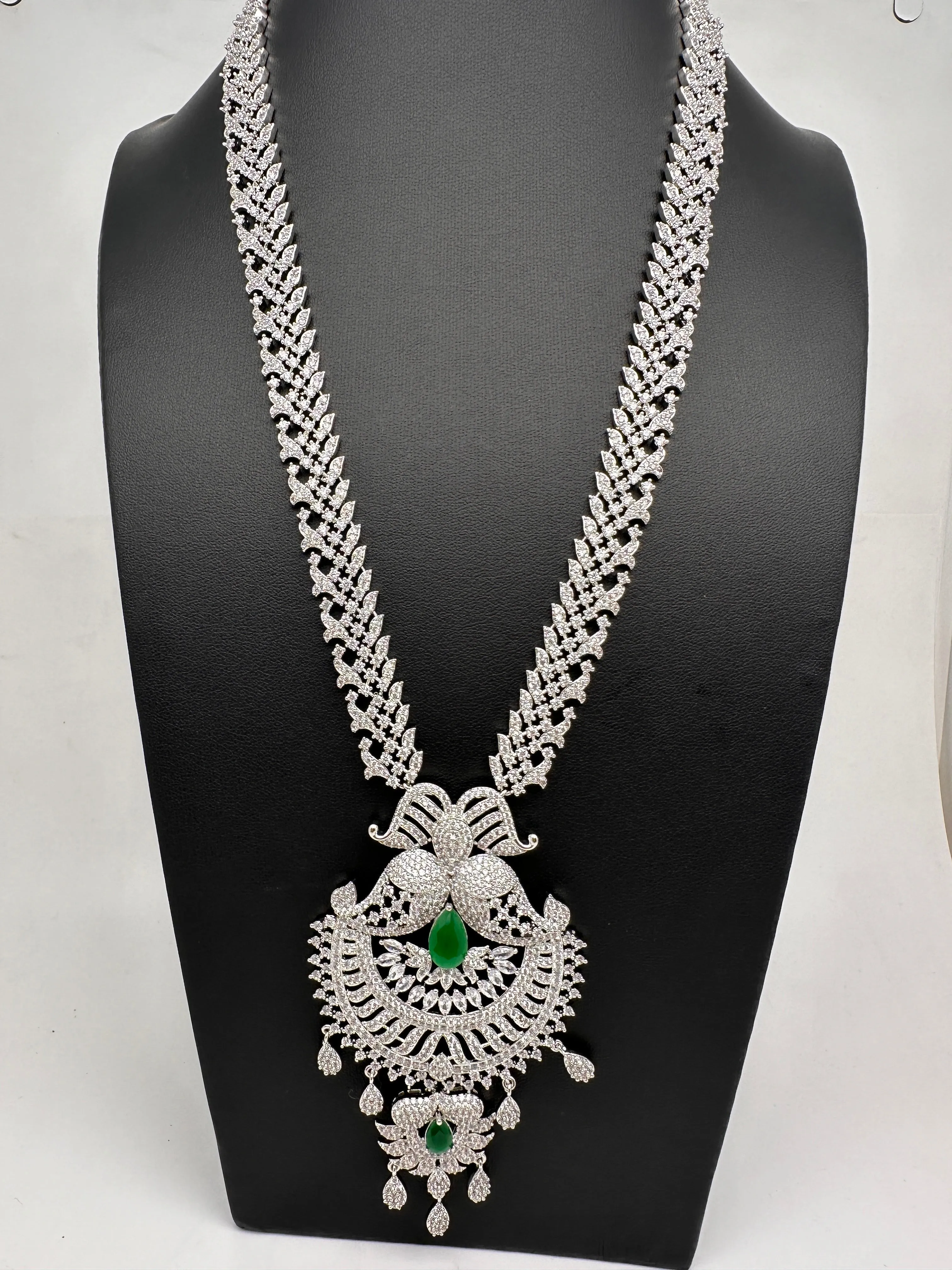 AD Green Stone Long Necklace in Silver Finish