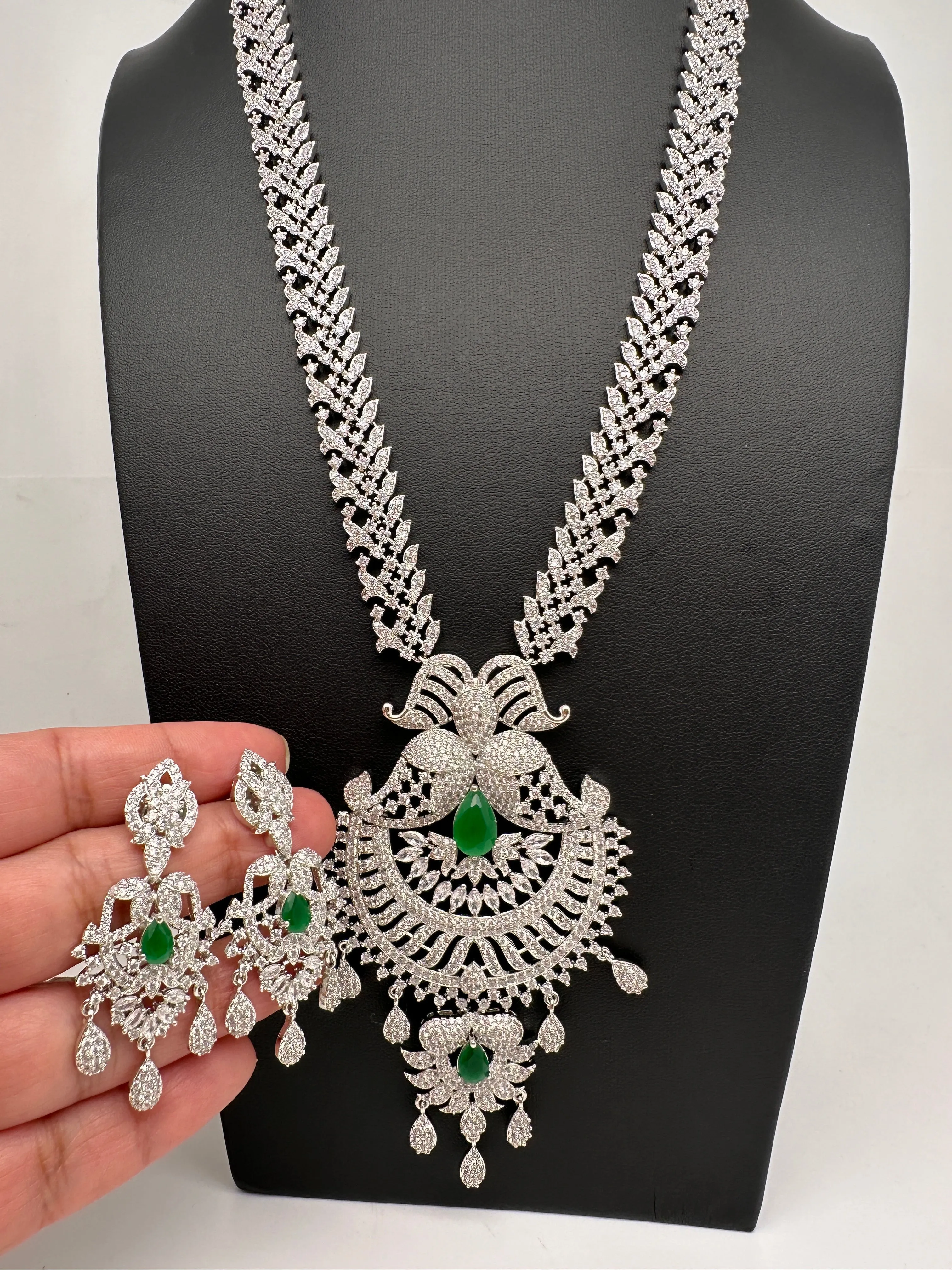 AD Green Stone Long Necklace in Silver Finish