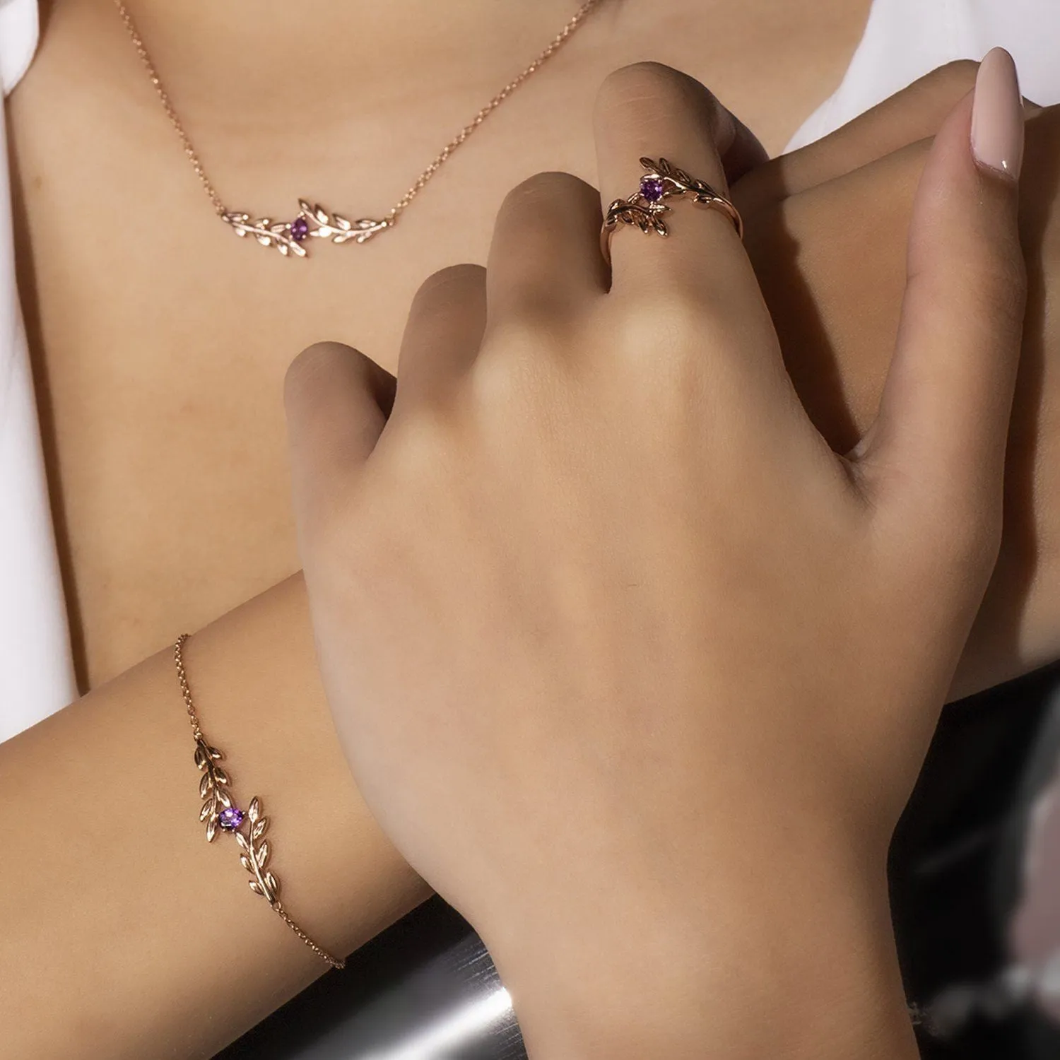 Bague O Leaf Branche d'Olivier Or Rose 375 Améthyste