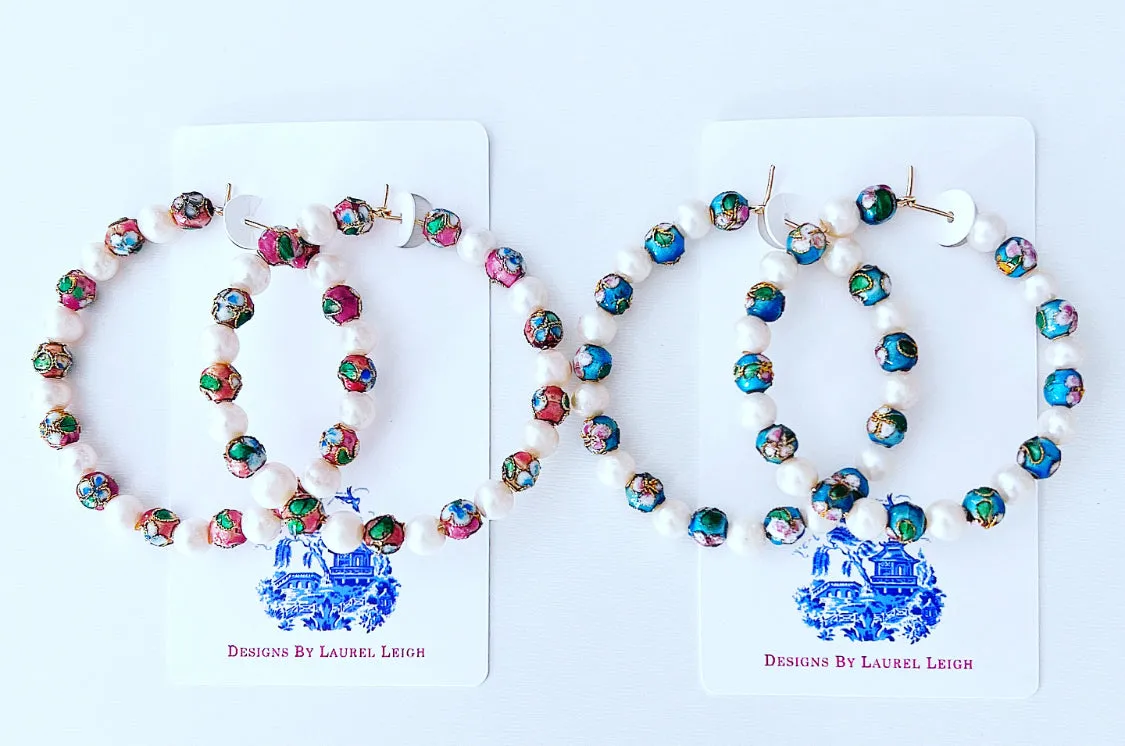 Cloisonné & Pearl Hoop Earrings