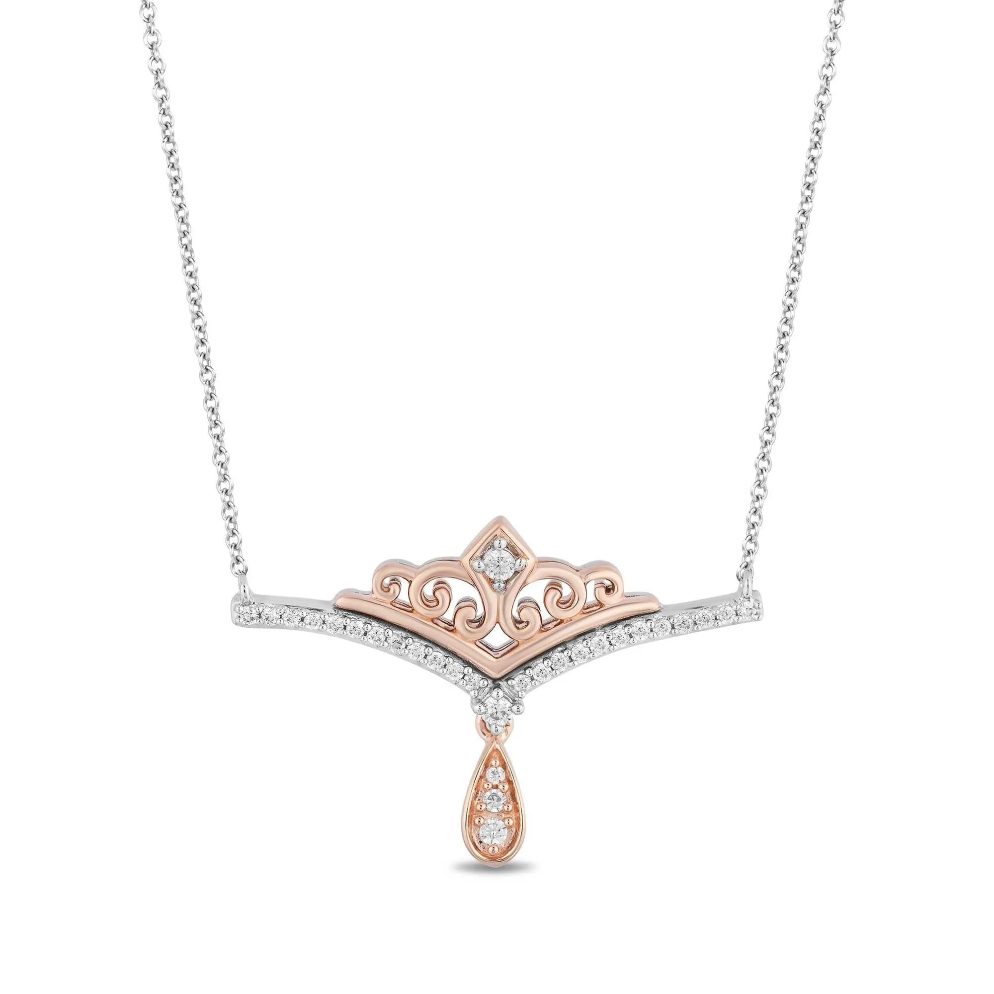 Enchanted Disney Fine Jewelry Majestic Princess Two-Tone Diamond Tiara Bar Necklace 1/6ctw