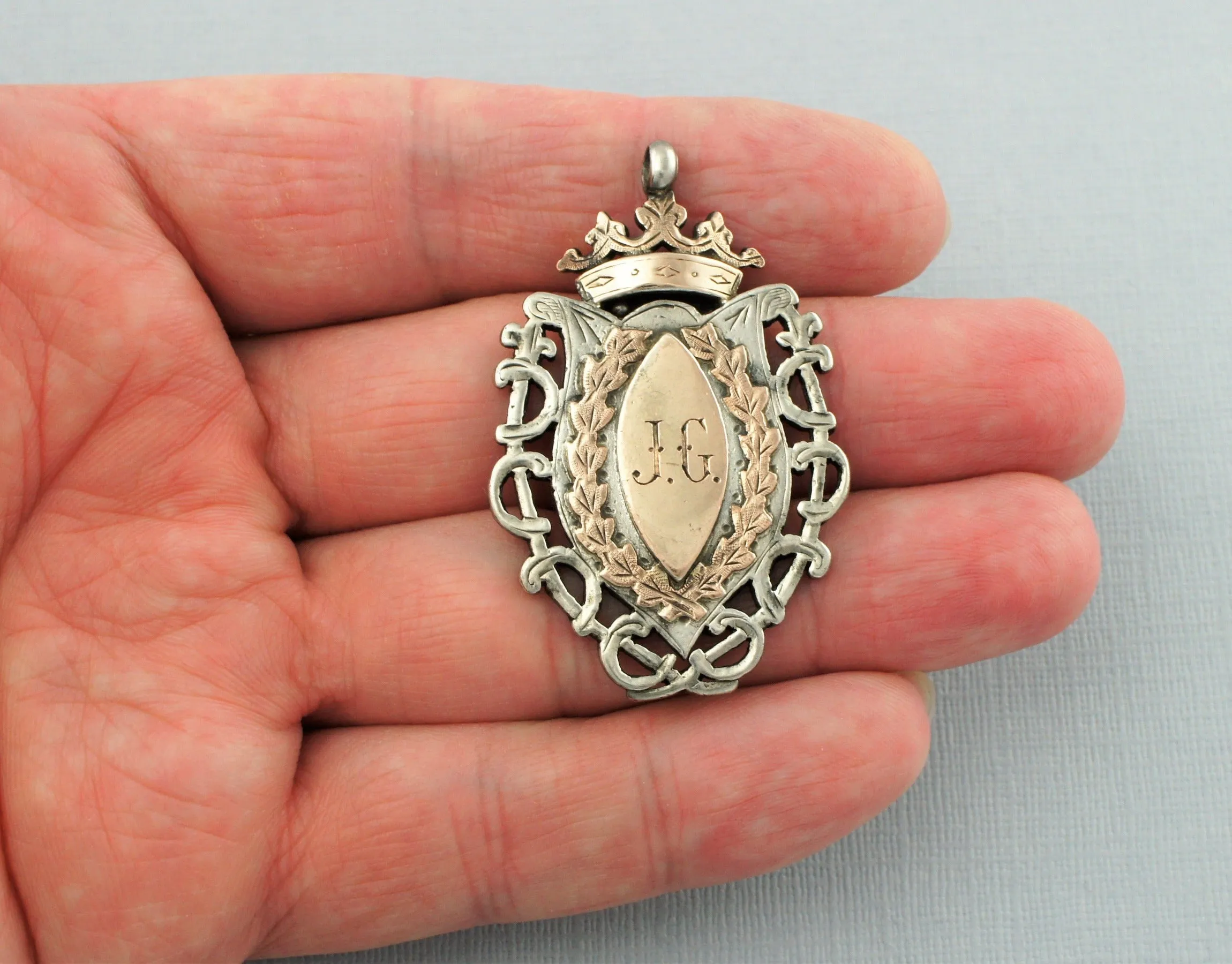 Fine Antique Sterling Silver & Gold Albert Watch Fob Medal - Birmingham 1924