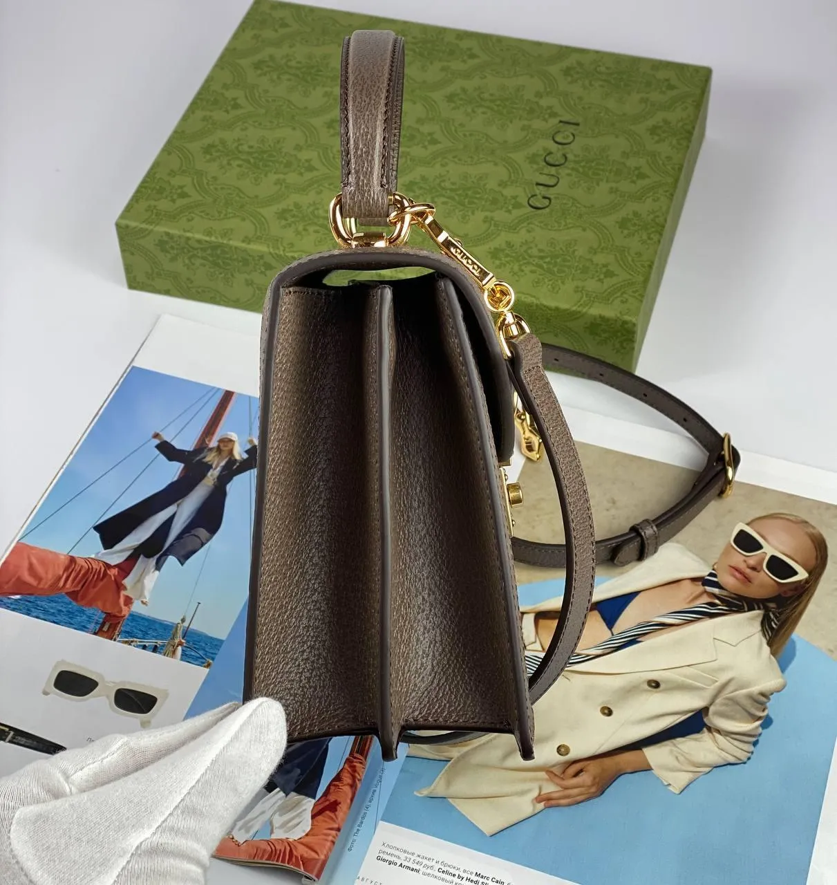 GG Ophidia small top handle bag Beige and ebony GG Supreme canvas