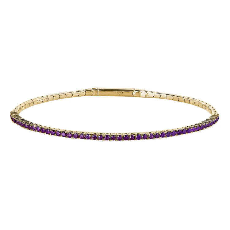 Gold vermeil sterling silver single row flexible bracelet with 1.75mm simulated amethyst birthstones