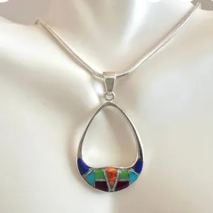 Native American Turquoise Multi Stone Inlaid Sterling Silver Pendant Necklace
