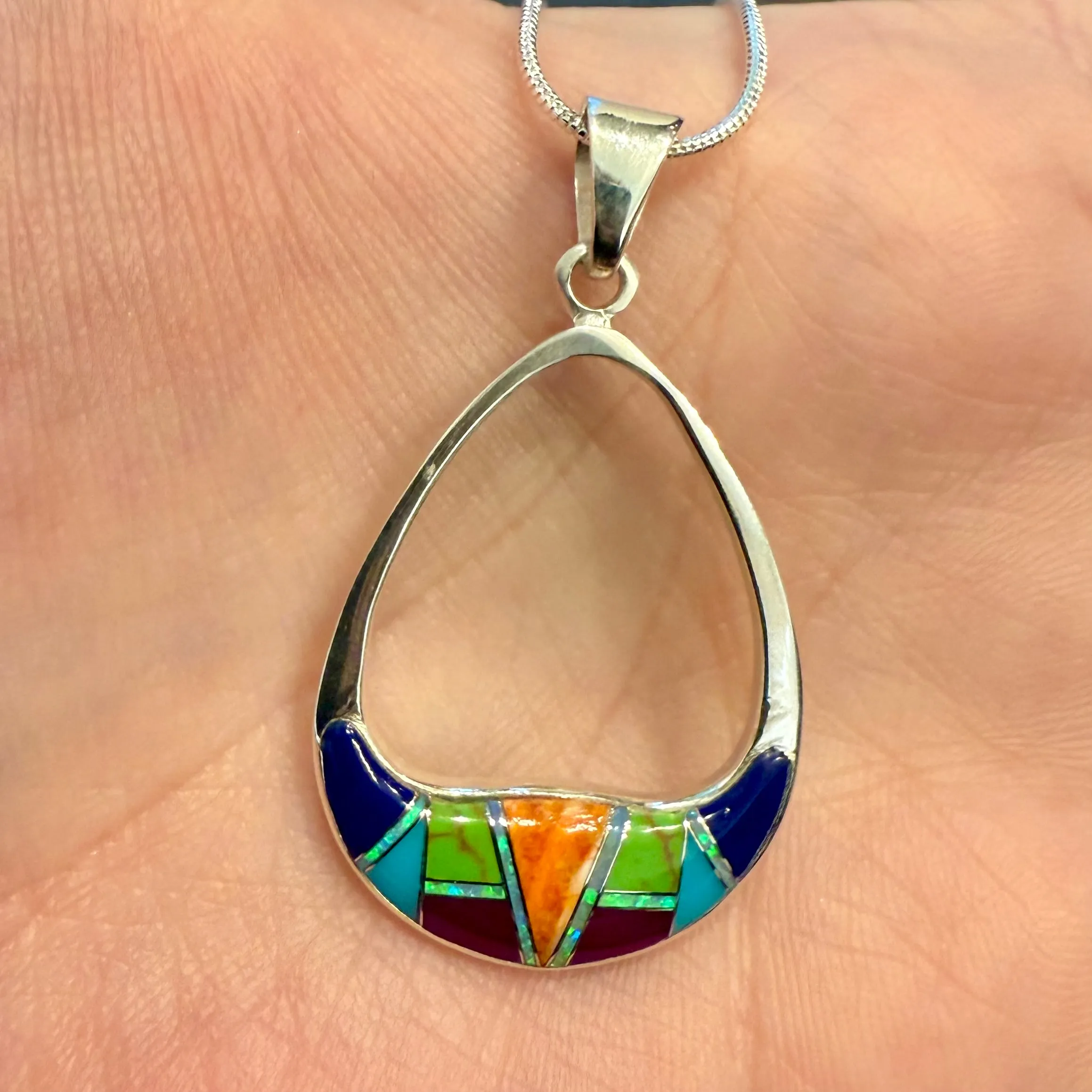 Native American Turquoise Multi Stone Inlaid Sterling Silver Pendant Necklace