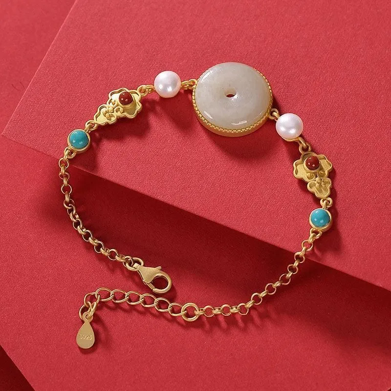 New style natural Hetian chalcedony inlaid turquoise irregular geometric pattern bracelet