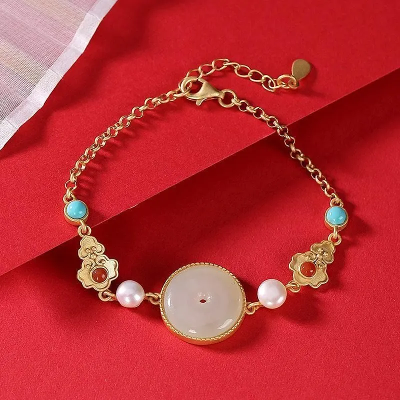 New style natural Hetian chalcedony inlaid turquoise irregular geometric pattern bracelet