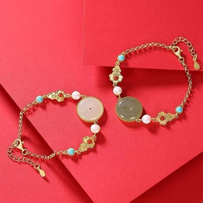 New style natural Hetian chalcedony inlaid turquoise irregular geometric pattern bracelet