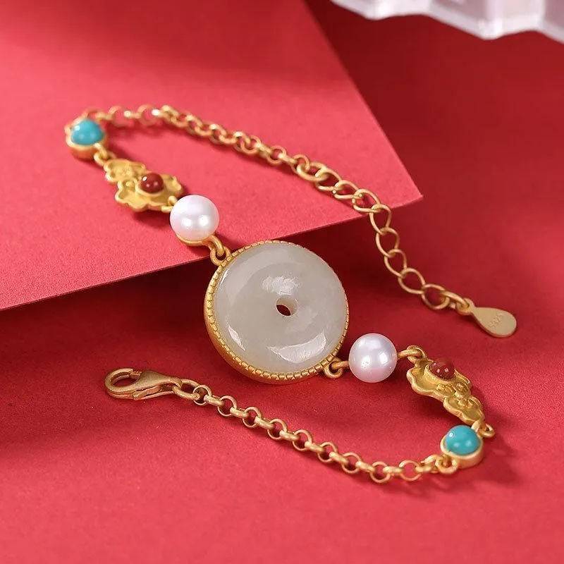 New style natural Hetian chalcedony inlaid turquoise irregular geometric pattern bracelet