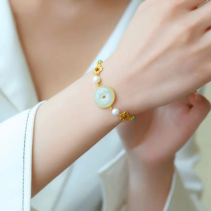 New style natural Hetian chalcedony inlaid turquoise irregular geometric pattern bracelet