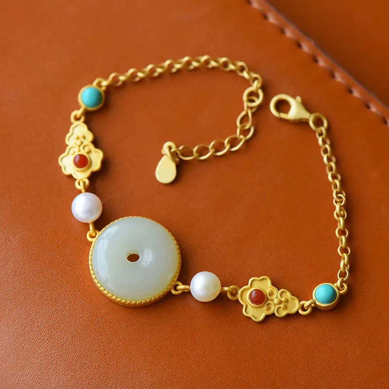 New style natural Hetian chalcedony inlaid turquoise irregular geometric pattern bracelet