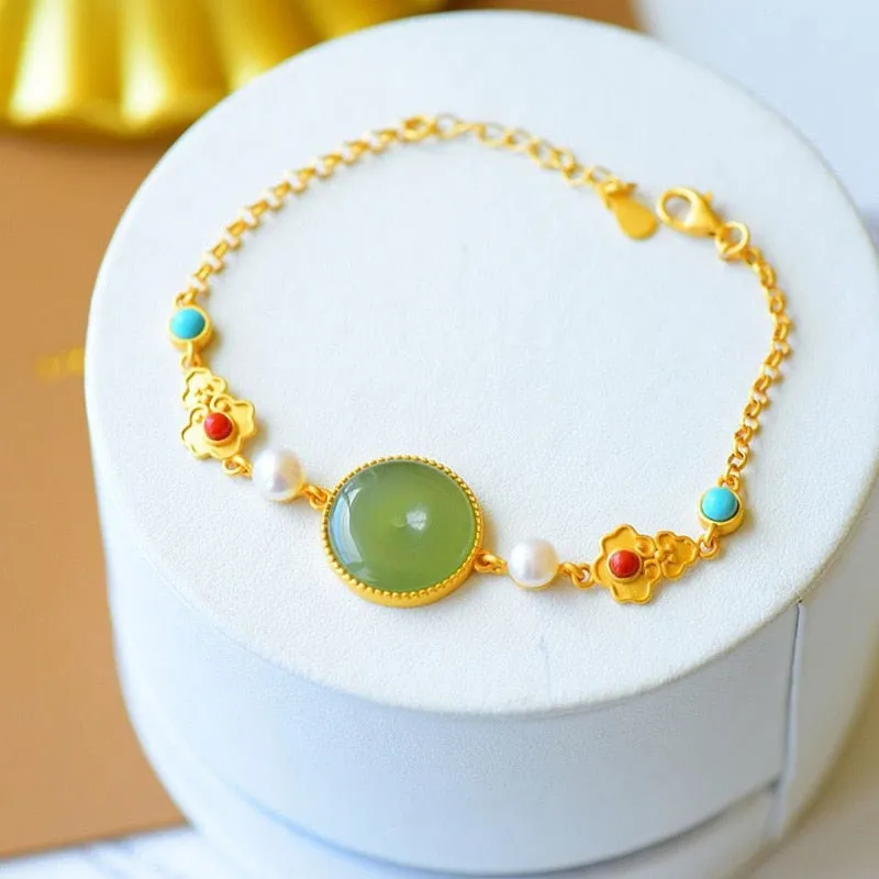 New style natural Hetian chalcedony inlaid turquoise irregular geometric pattern bracelet