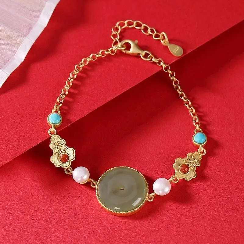 New style natural Hetian chalcedony inlaid turquoise irregular geometric pattern bracelet