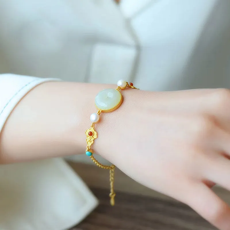 New style natural Hetian chalcedony inlaid turquoise irregular geometric pattern bracelet