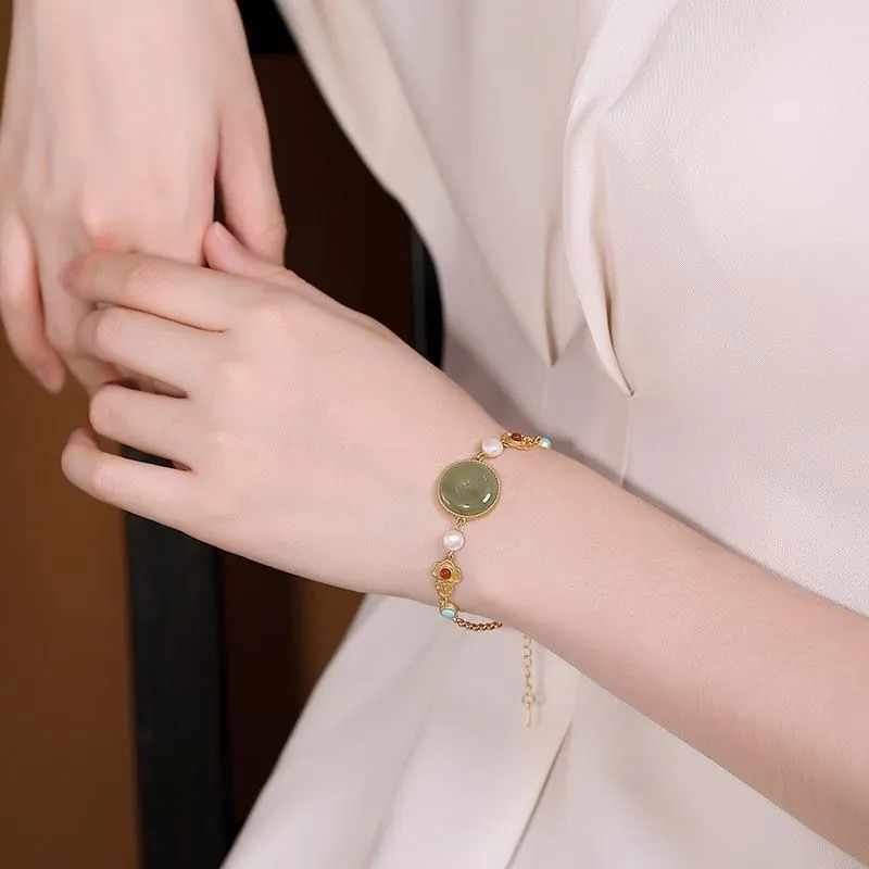 New style natural Hetian chalcedony inlaid turquoise irregular geometric pattern bracelet