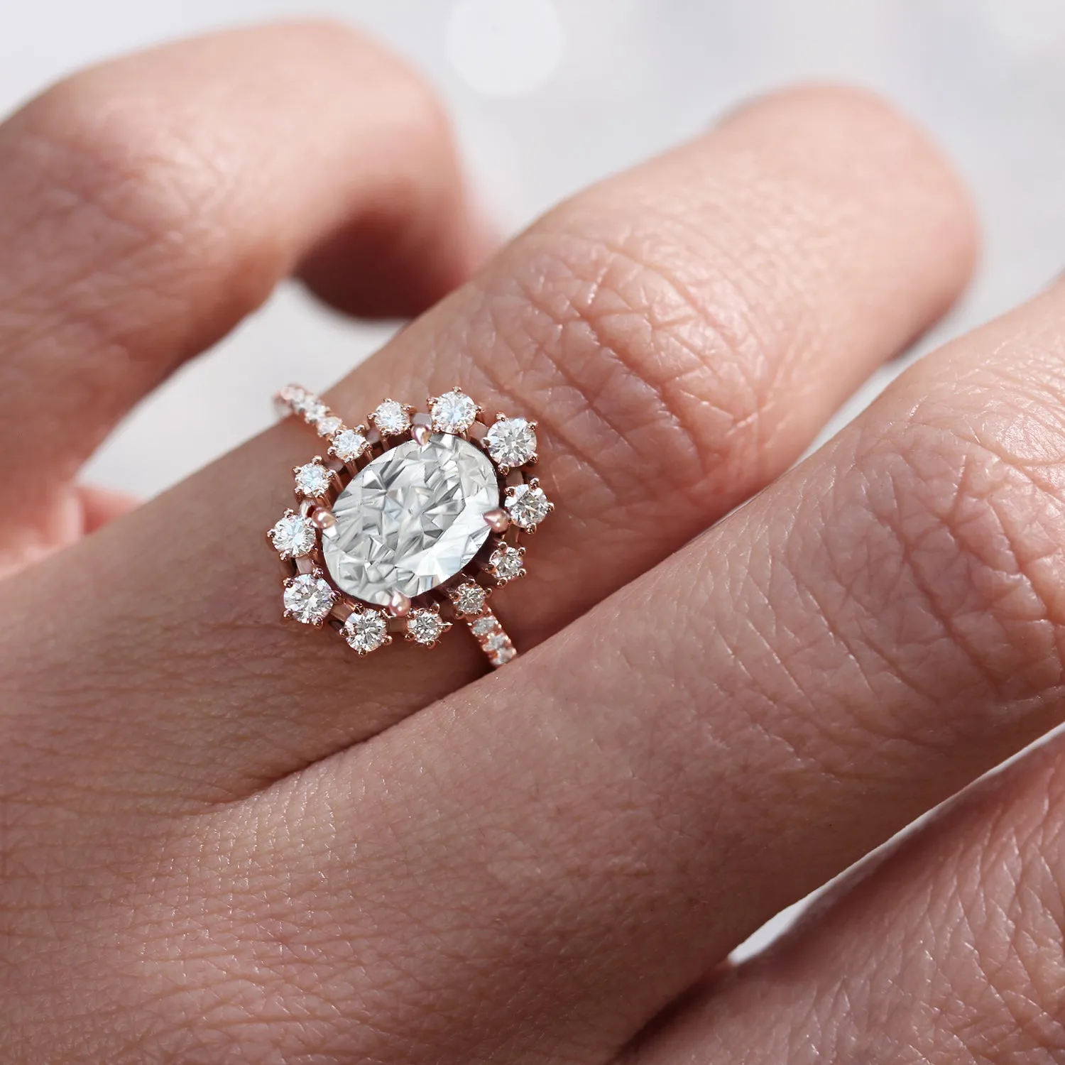 Oval Diamond Halo Unique Wedding Three Ring set - Glory ♥