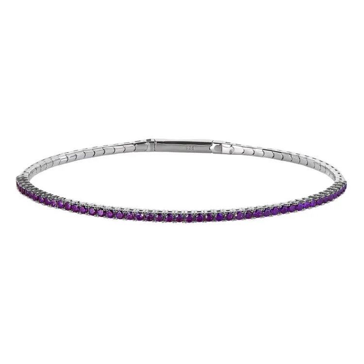 Platinum Finish Sterling Silver Single Row Flexible Bracelet with 1.75mm Simulated Amethyst Birthstones
