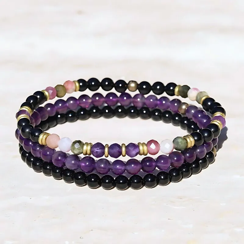 "Protection and Good Energy" Watermelon and Black Tourmaline Delicate Bracelet Set
