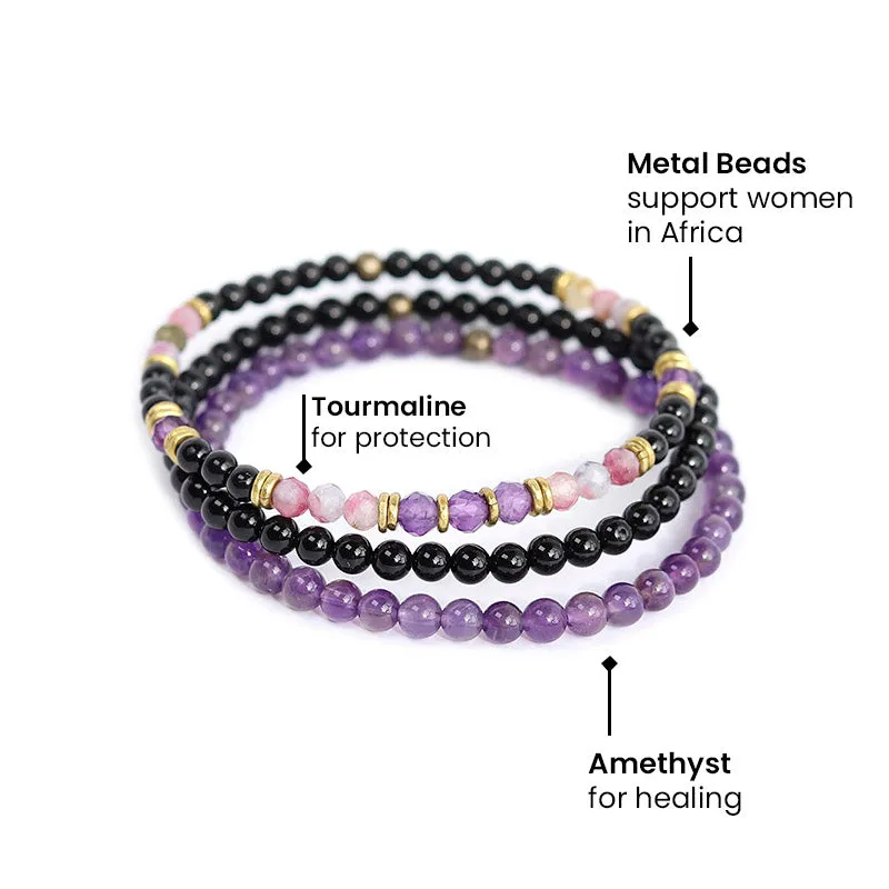 "Protection and Good Energy" Watermelon and Black Tourmaline Delicate Bracelet Set