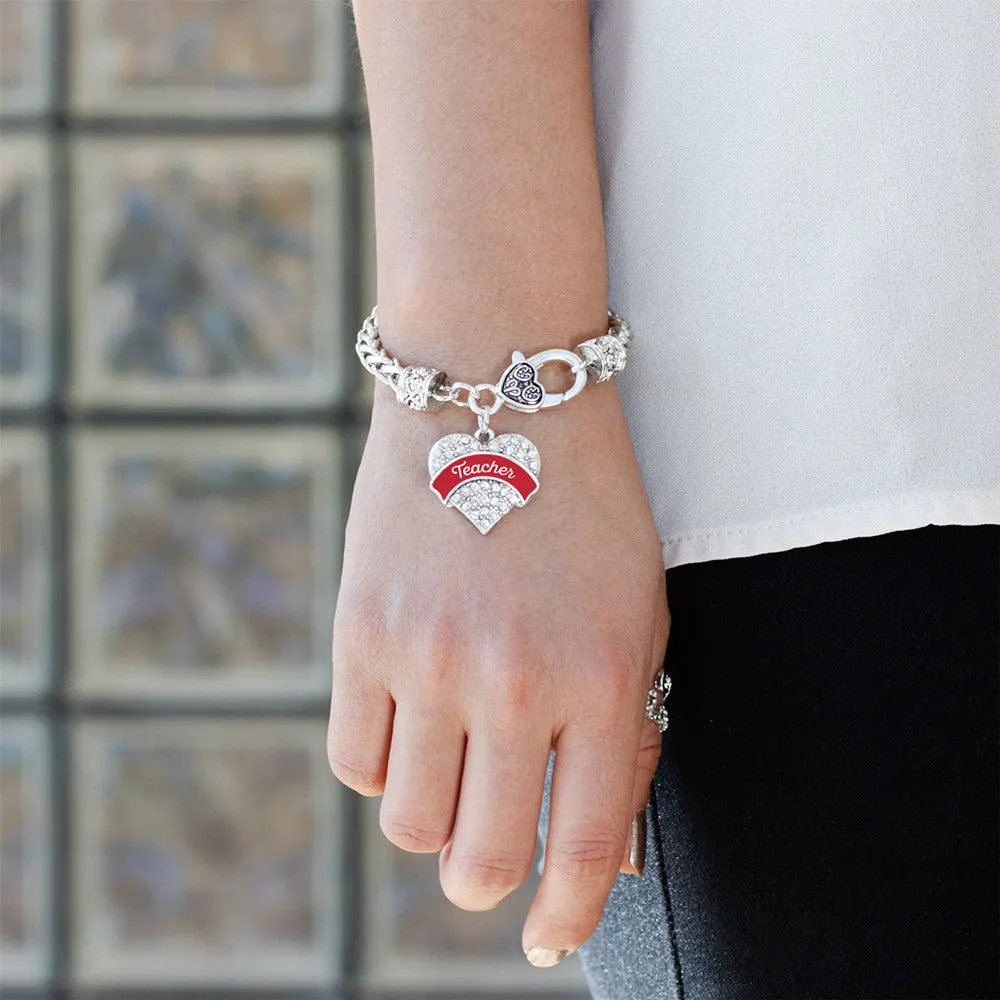 Silver Red Teacher Pave Heart Charm Braided Bracelet