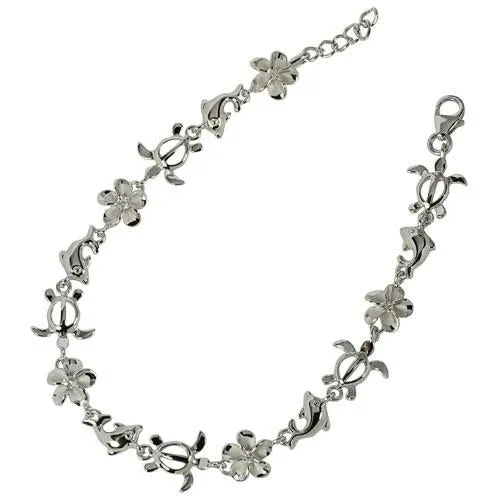 Sterling Silver Rhodium Plated Honu (Turtle) Dolphin and 8mm Plumeria with CZ Bracelet