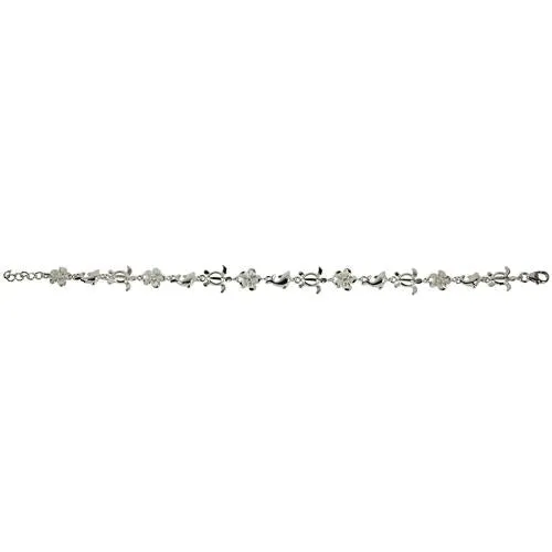 Sterling Silver Rhodium Plated Honu (Turtle) Dolphin and 8mm Plumeria with CZ Bracelet