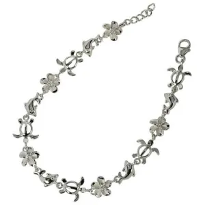 Sterling Silver Rhodium Plated Honu (Turtle) Dolphin and 8mm Plumeria with CZ Bracelet
