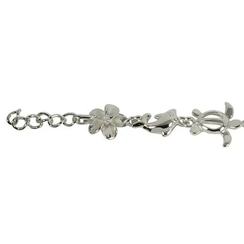 Sterling Silver Rhodium Plated Honu (Turtle) Dolphin and 8mm Plumeria with CZ Bracelet