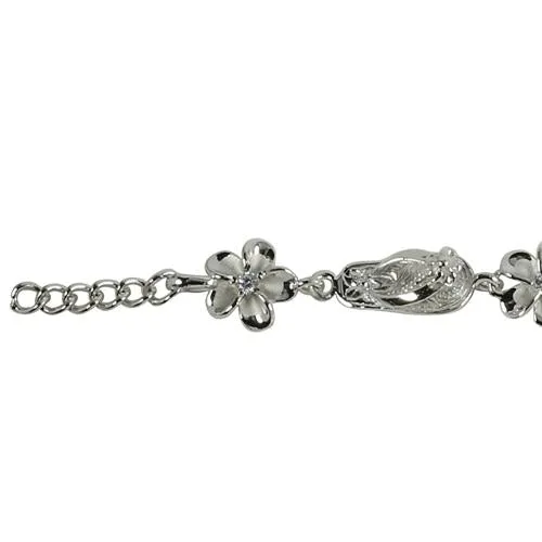 Sterling Silver Rhodium Plated Slipper and 8mm Plumeria with CZ Bracelet