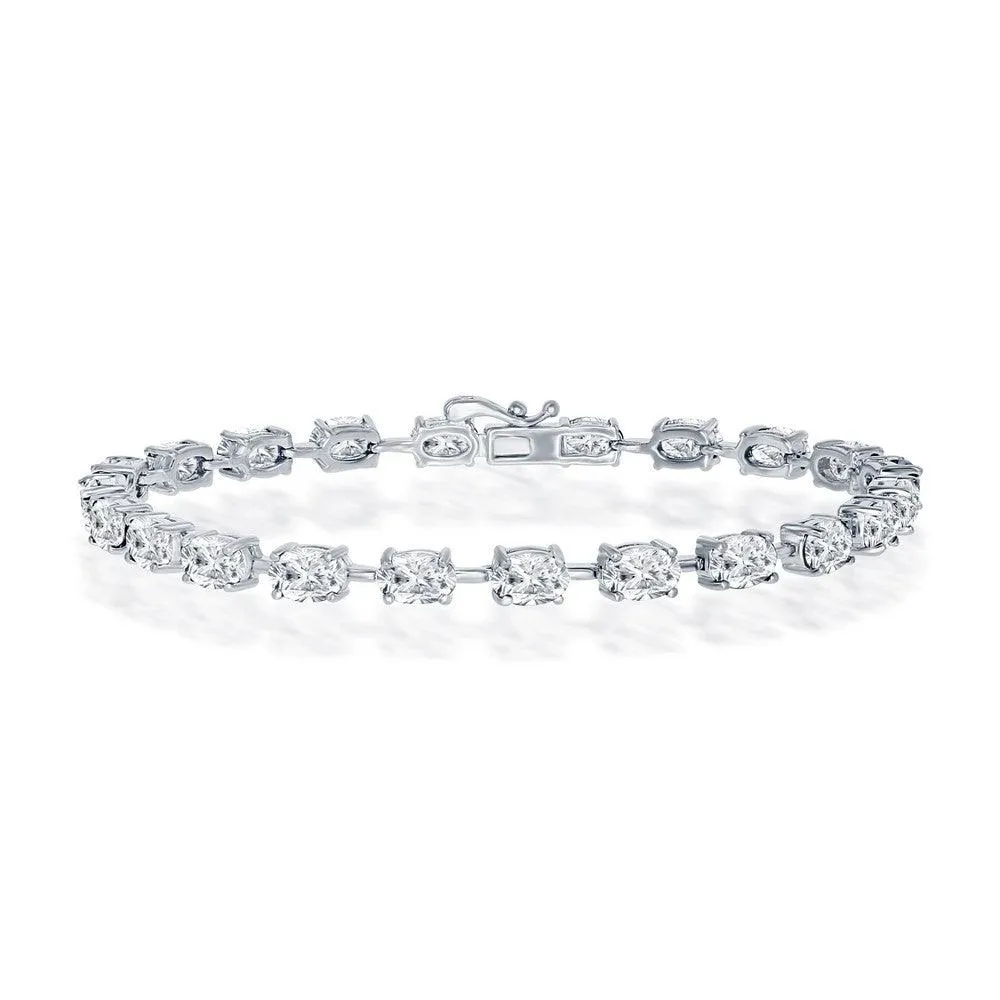 Sterling Silver White-Topaz Oval Gemstone Link Tennis Bracelet