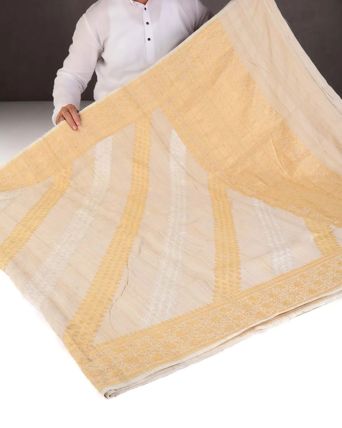 Textured Beige Gold & Silver Zari Inlaid Diagonal Stripes Kadhuan Brocade Handwoven Tasar Georgette Banarasi Saree