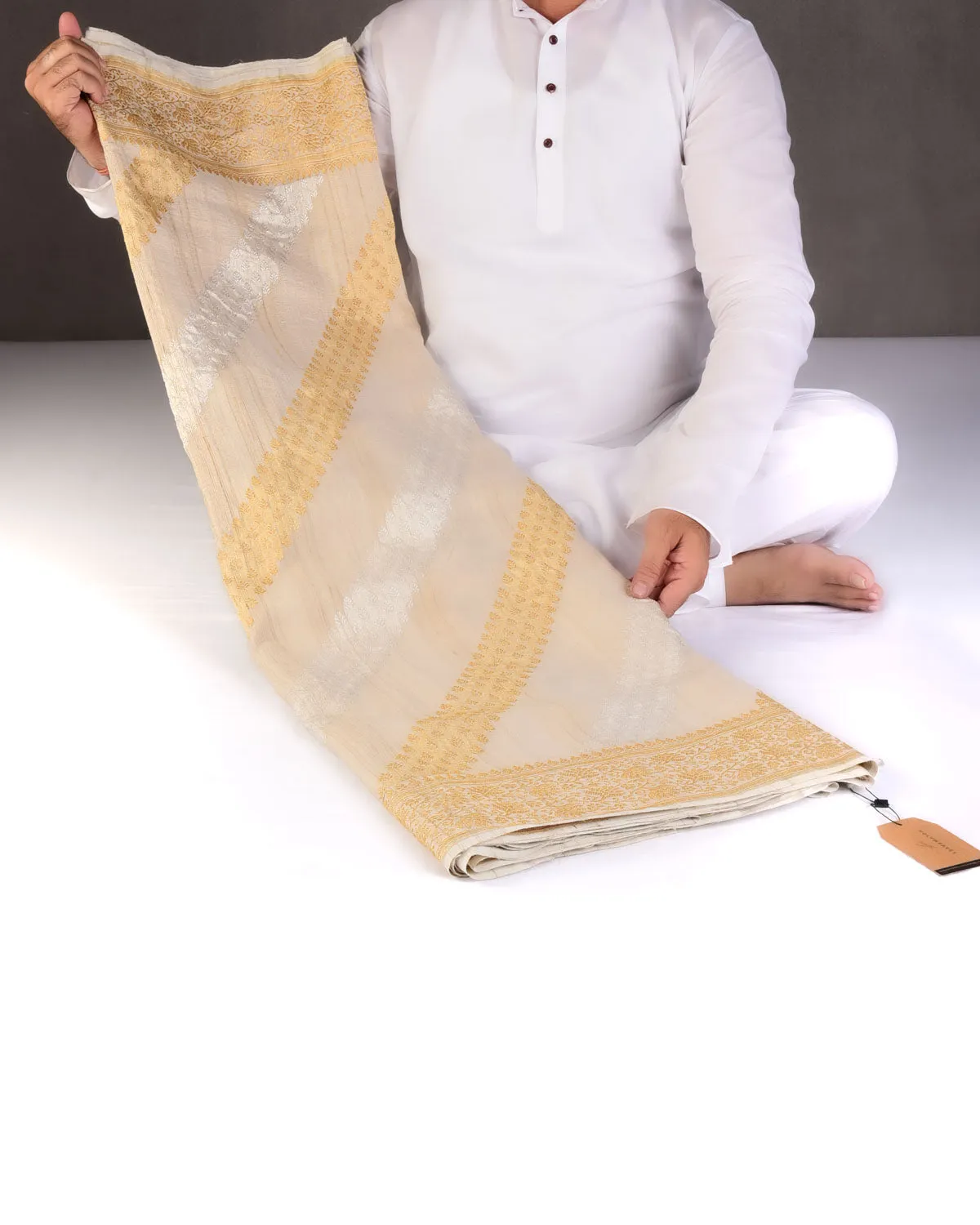 Textured Beige Gold & Silver Zari Inlaid Diagonal Stripes Kadhuan Brocade Handwoven Tasar Georgette Banarasi Saree