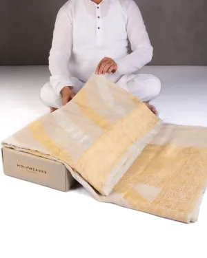 Textured Beige Gold & Silver Zari Inlaid Diagonal Stripes Kadhuan Brocade Handwoven Tasar Georgette Banarasi Saree