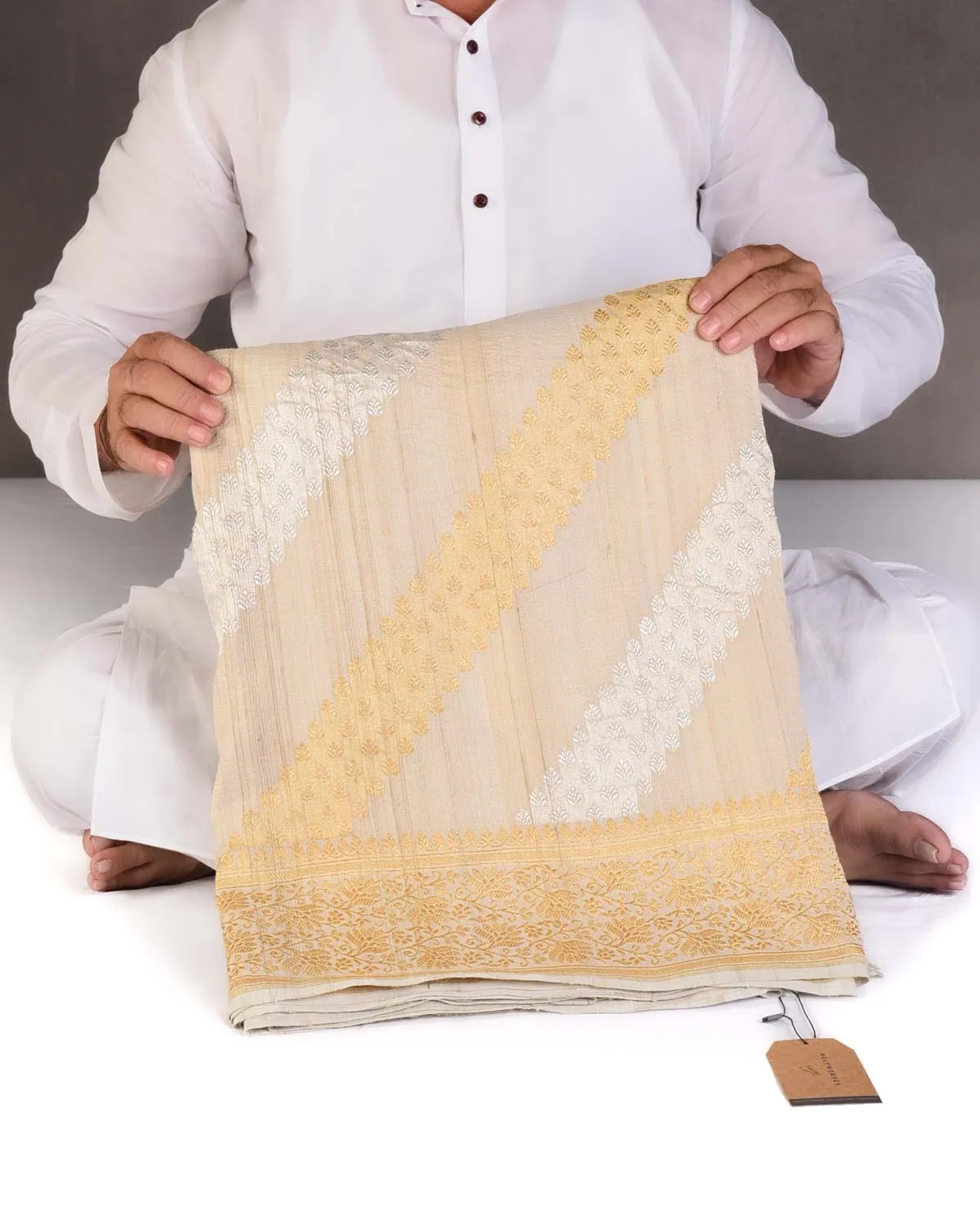 Textured Beige Gold & Silver Zari Inlaid Diagonal Stripes Kadhuan Brocade Handwoven Tasar Georgette Banarasi Saree