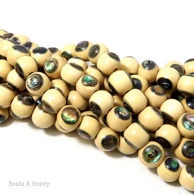 Whitewood with Abalone Shell Inlay Round 10mm (8 Inch Strand)