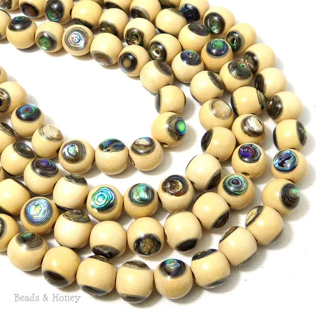 Whitewood with Abalone Shell Inlay Round 10mm (8 Inch Strand)