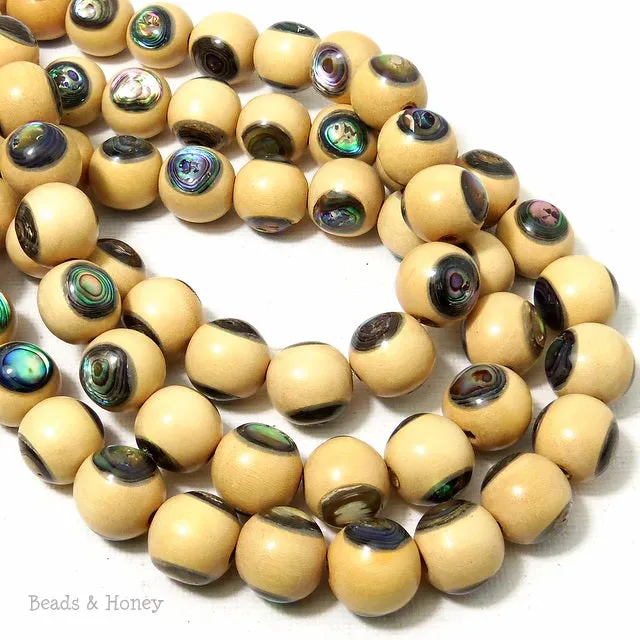 Whitewood with Abalone Shell Inlay Round 12mm (8 Inch Strand)