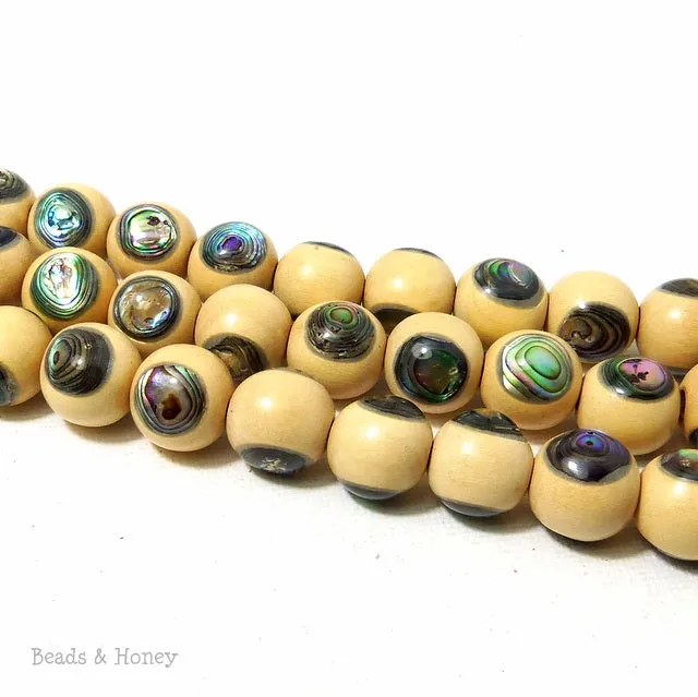 Whitewood with Abalone Shell Inlay Round 12mm (8 Inch Strand)
